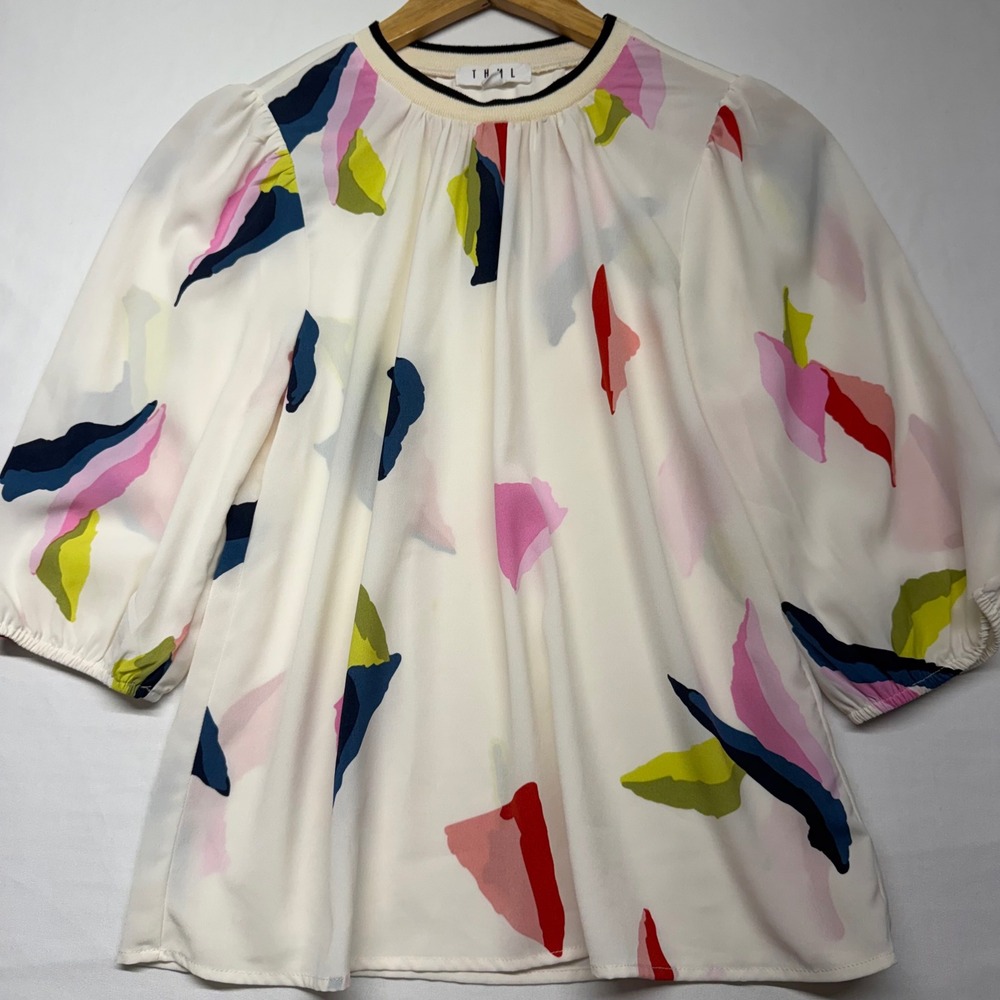 THML Abstract Print Blouse 3/4 Puff Sleeve Boho Cream Colorful Top XS Summer
